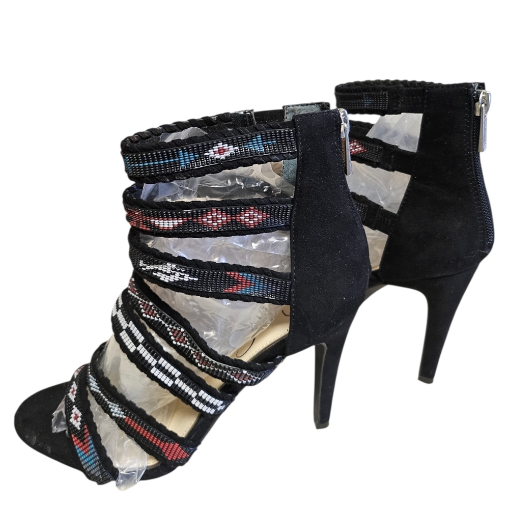 Jessica Simpson Beaded Strappy Heels – Size 7.5 – Black Faux Suede –